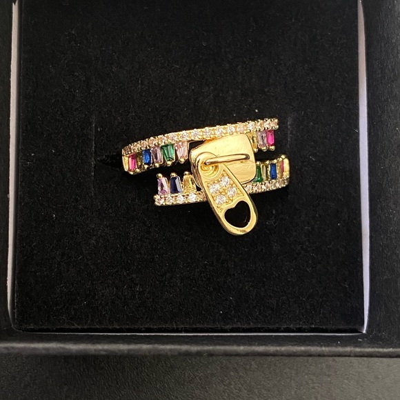 Sz 8 Gold Zipper Ring with Multicolor Stones - Picture 2 of 2